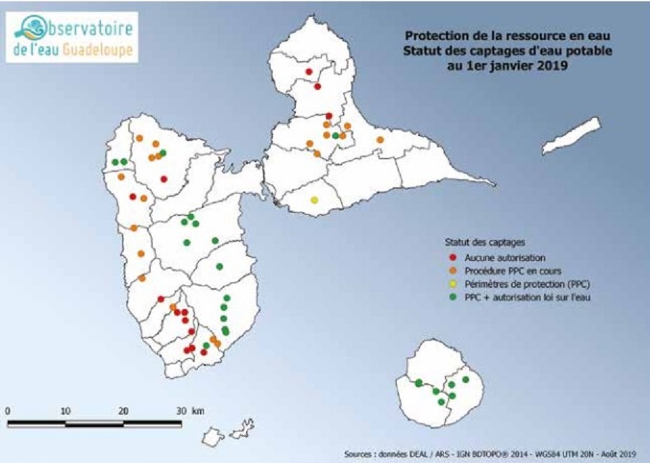 Carte des statuts des périmètres de protection des captages (PPC) d’eau en Guadeloupe au 1er janvier 2019 extraite de la publication Chiffres clés eau et assainissement Guadeloupe 2019.