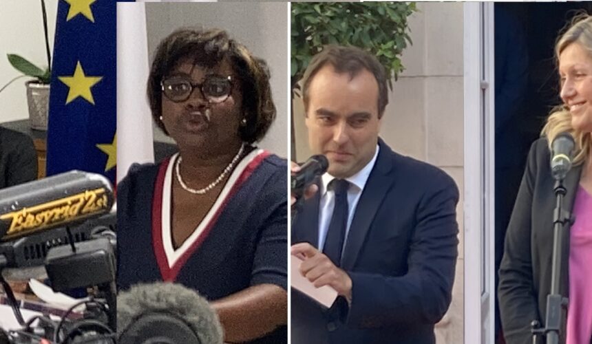 De gauche à droite Annick Girardin et Justine Bénin le 23 mai lors de leur passation de pouvoir au ministère de la Mer et Yaël Braun-Pivet et Sébastien Lecornu le 20 mai lors de leur passation de pouvoir au ministère des Outre-Mer.