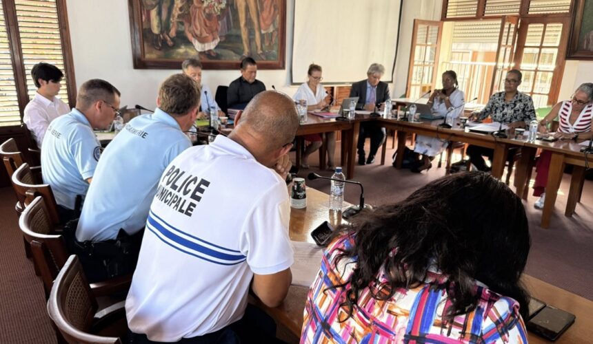 Le maire Adrien Baron entouré des partenaires institutionnels lors de l'installation du Conseil local de sécurité et de prévention de la délinquance (CLSPD) de Sainte-Rose, le 18 août. Photo : Ville de Sainte-Rose 971